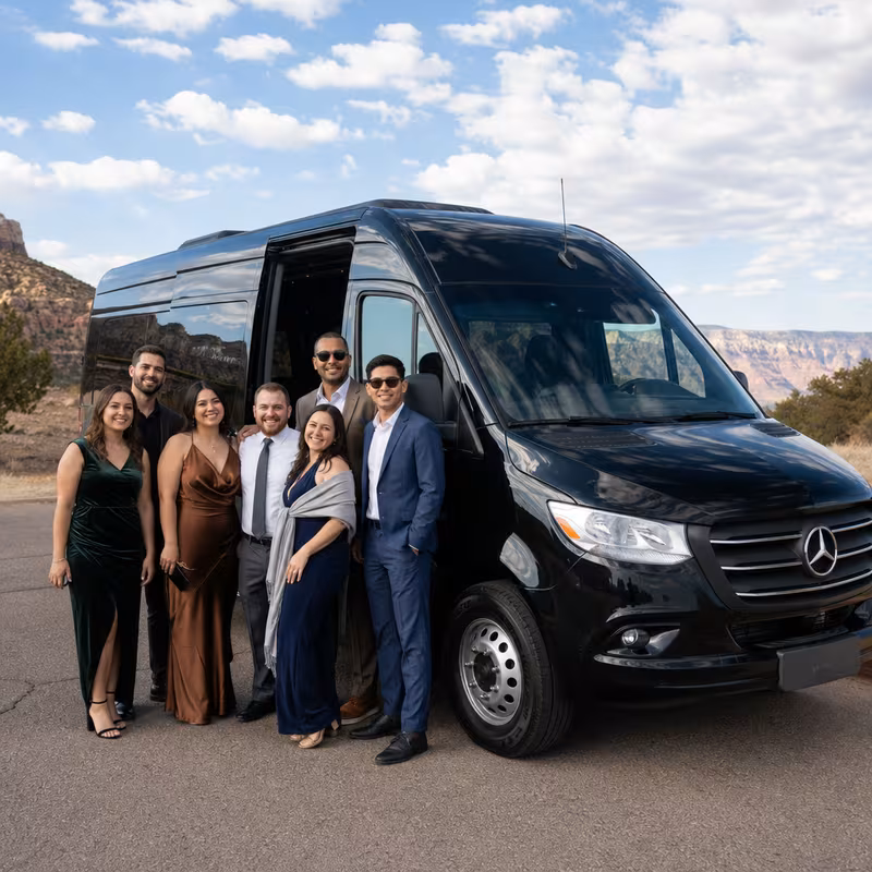 Group beside a Mercedes Sprinter limo from the Albuquerque fleet at the beach