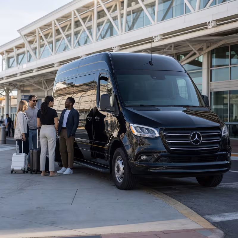 Group boarding a white charter bus for Airport Transportation transportation in Albuquerque