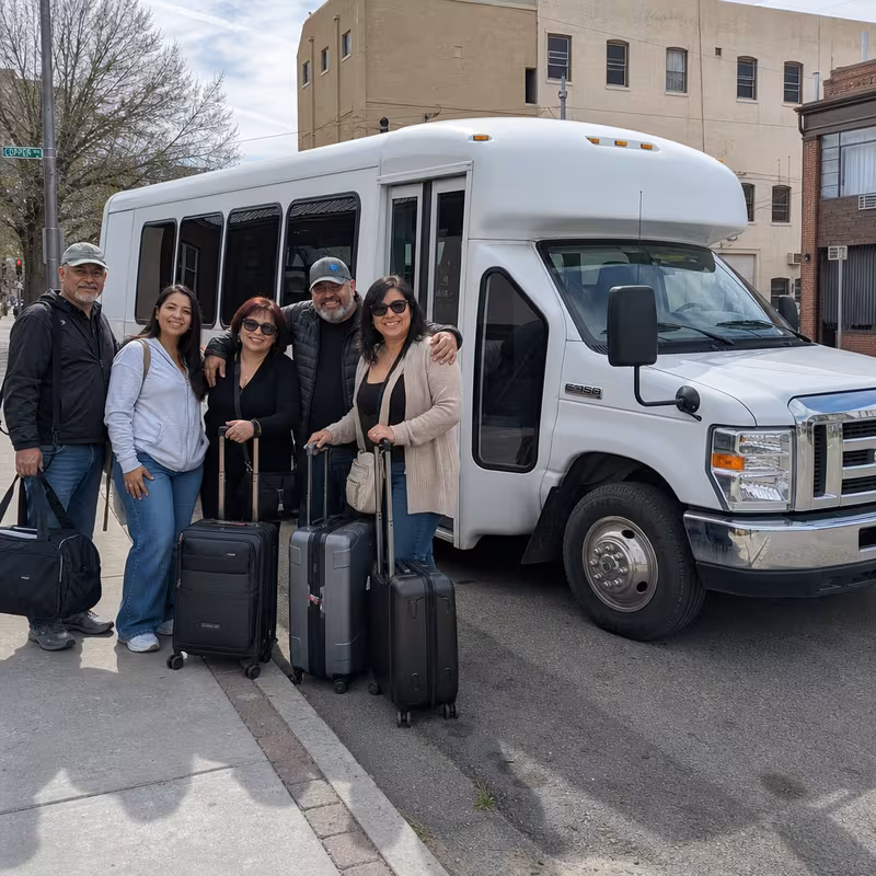 Passengers boarding a Albuquerque minibus with luggage