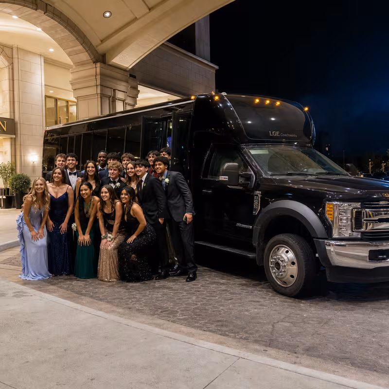Party bus interior with wraparound leather seating and LED lighting in Albuquerque