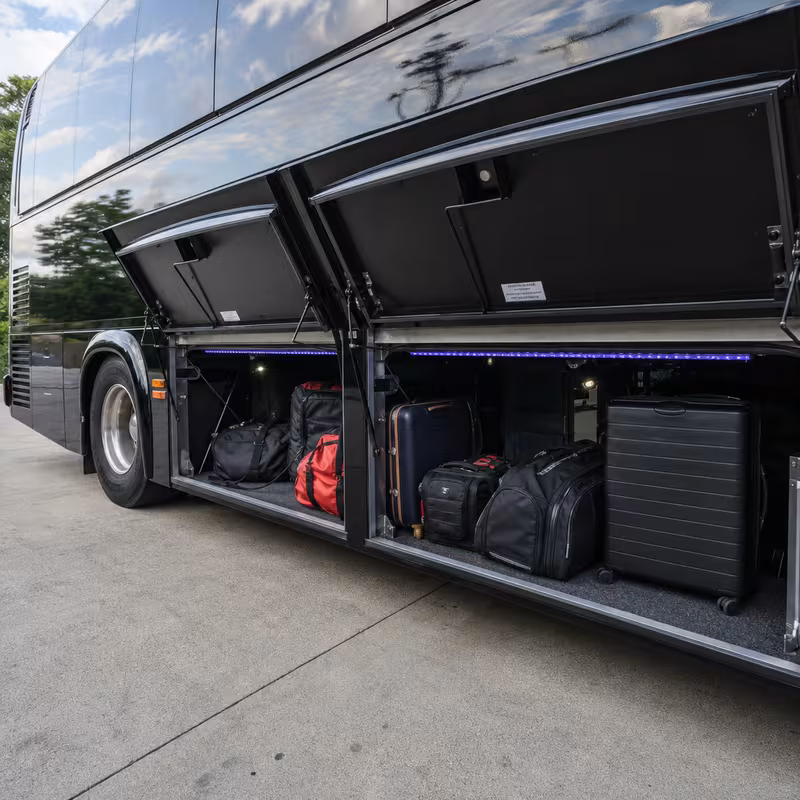 Party bus interior with wraparound leather seating and LED lighting in Albuquerque