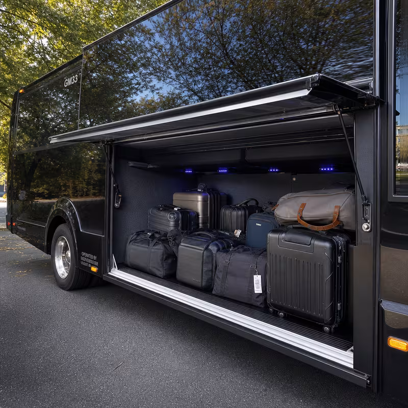 Party bus interior with wraparound leather seating and LED lighting in Albuquerque