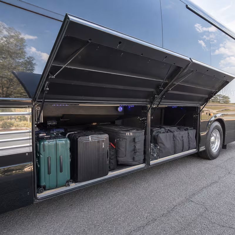 Party bus interior with wraparound leather seating and LED lighting in Albuquerque